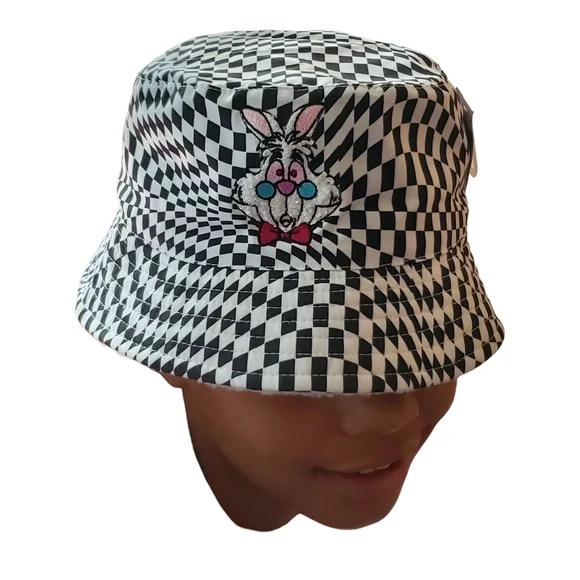 Disney Alice in Wonderland Rabbit Black & White Checkered Sherpa Bucket Hat - Picture 7 of 11